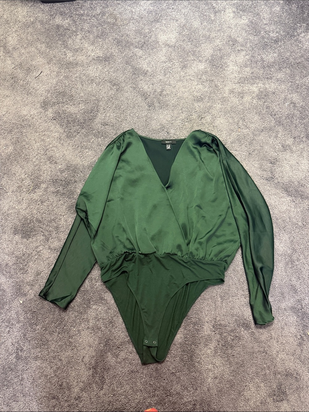 Forever 21 Dark Green Satin Long-Sleeve One-Piece Bodysuit